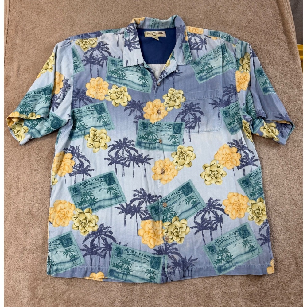 Tommy Bahama Postcard Tropical Palm Tree Shirt Mens XL Silk Blue Camp EUC